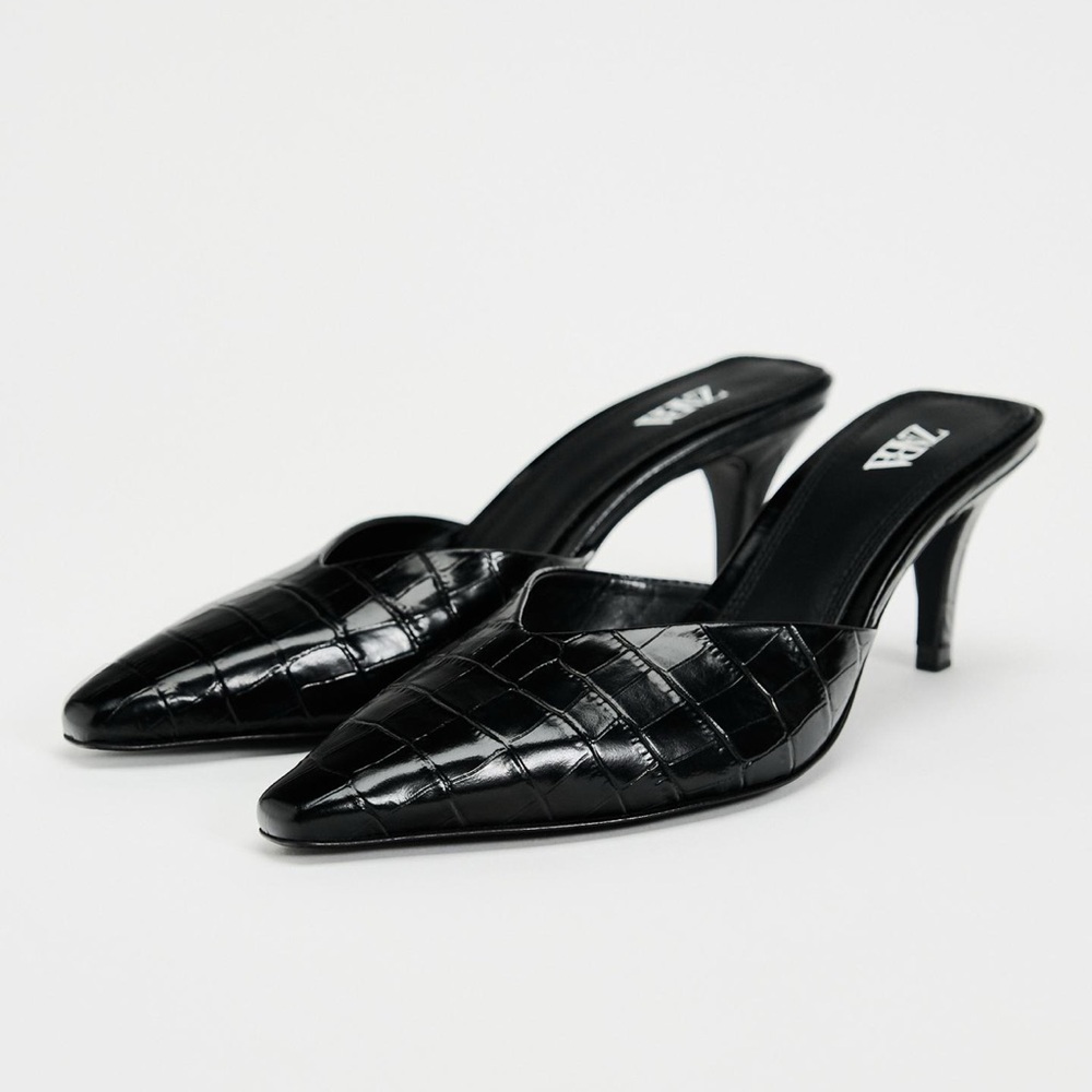 New Zara Black ANIMAL PRINT HIGH HEELED MULES. Size 8/39